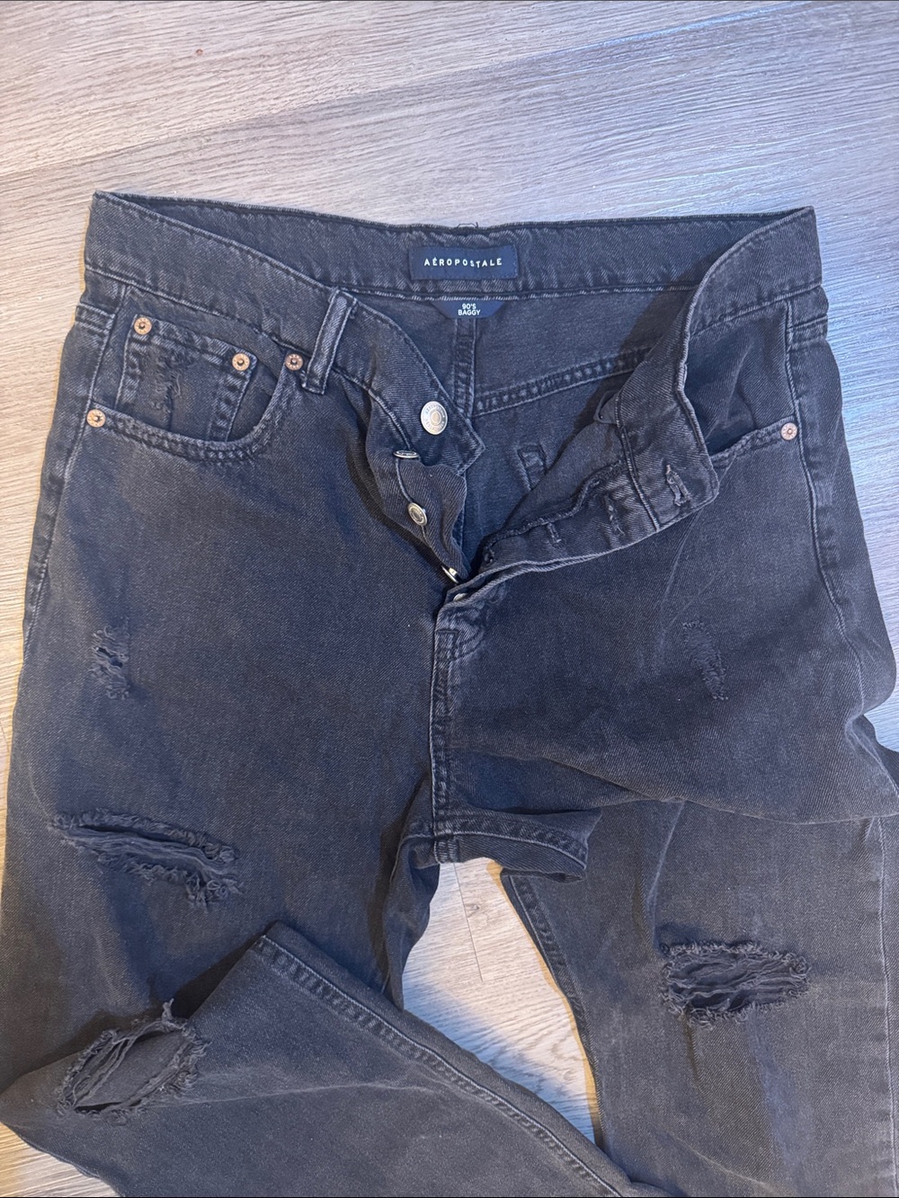 Aeropostale Men's Washed Black Skinny Jeans with Distressed Knees